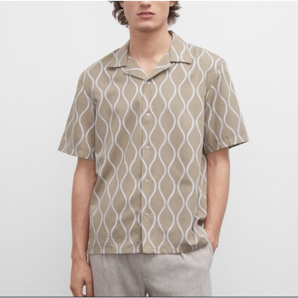 Club Monaco Summer Wave Camp Collar Button Down Shirt Olive Short Sleeve LG